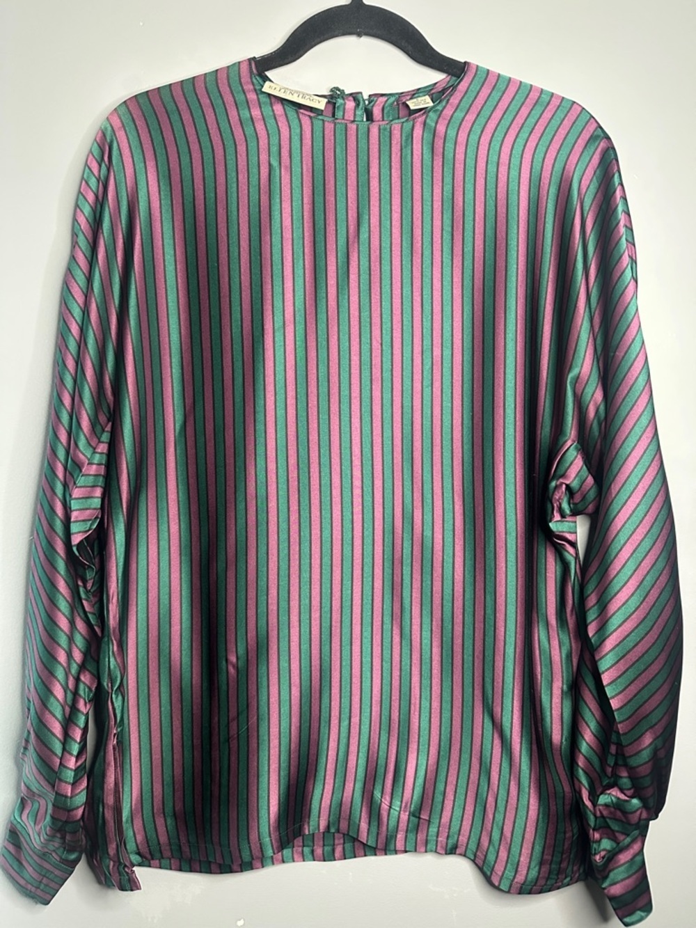 Vintage 90s Ellen Tracy Silk Blouse Geometric Stripe Navy Boho Oversized Size8
